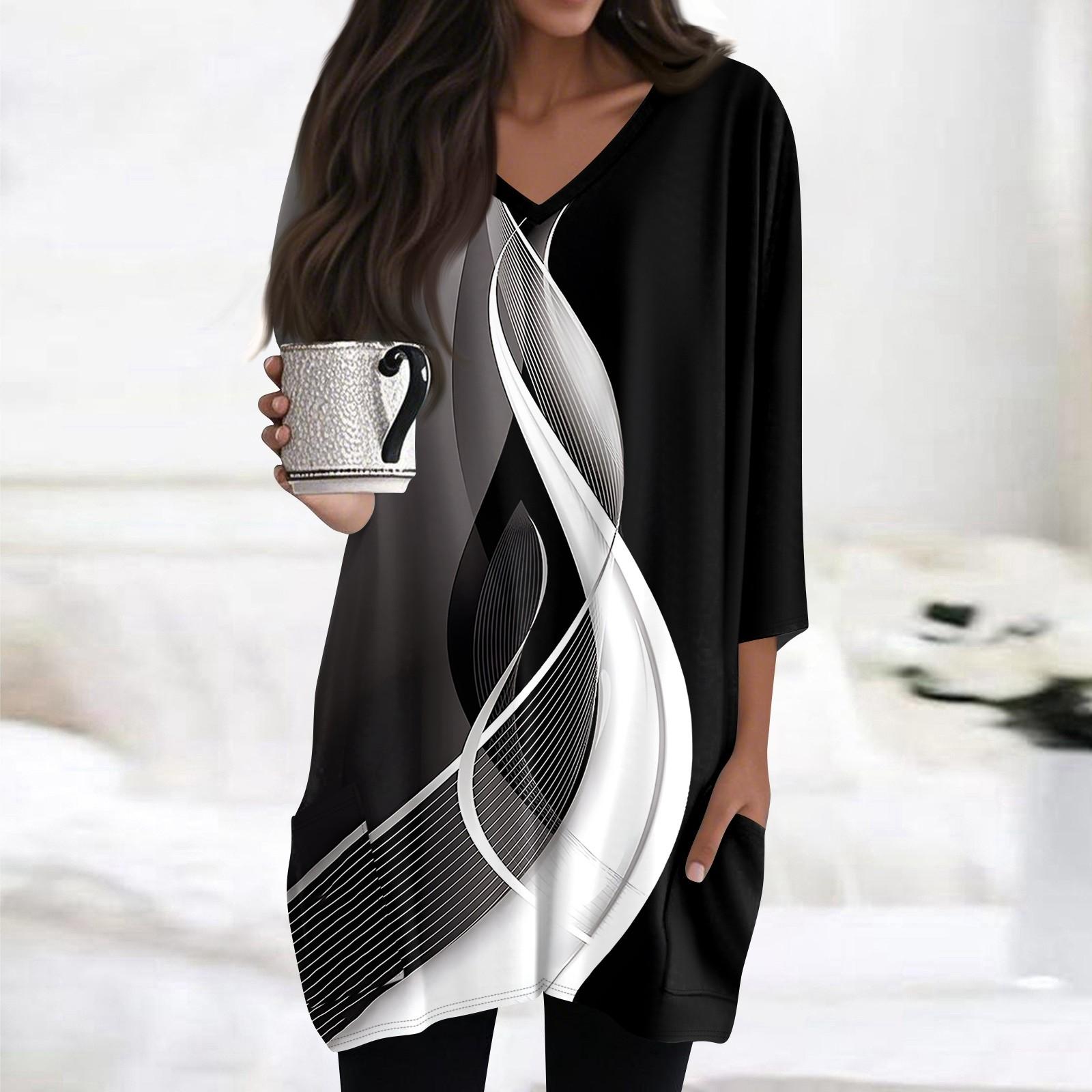 

Женские топы с V-образным вырезом и рукавом 3/4 Блузки Повседневные рубашки средней длины Модные принты Туники Топы с карманами L