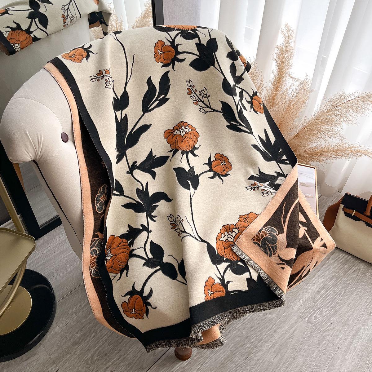 

Imitation cashmere double-sided soft fringed shawl scarf high-end flower retro literary warm scarf 18565cm