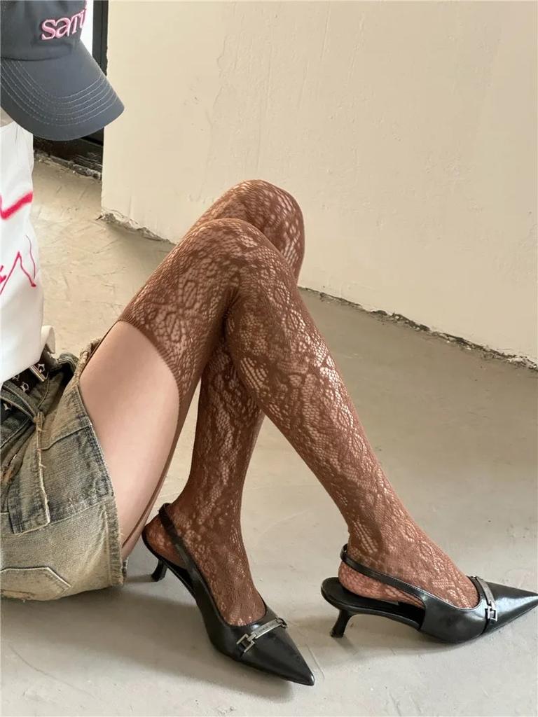 New Print Knee High Socks Women Sexy Fishnet Thigh High Stockings with Suspender Floral Retro Pattern Japanese Lolita Long Socks