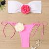 2025 European & American Color Block Rose Bandeau Tie-Up Split Bikini Swimsuit
