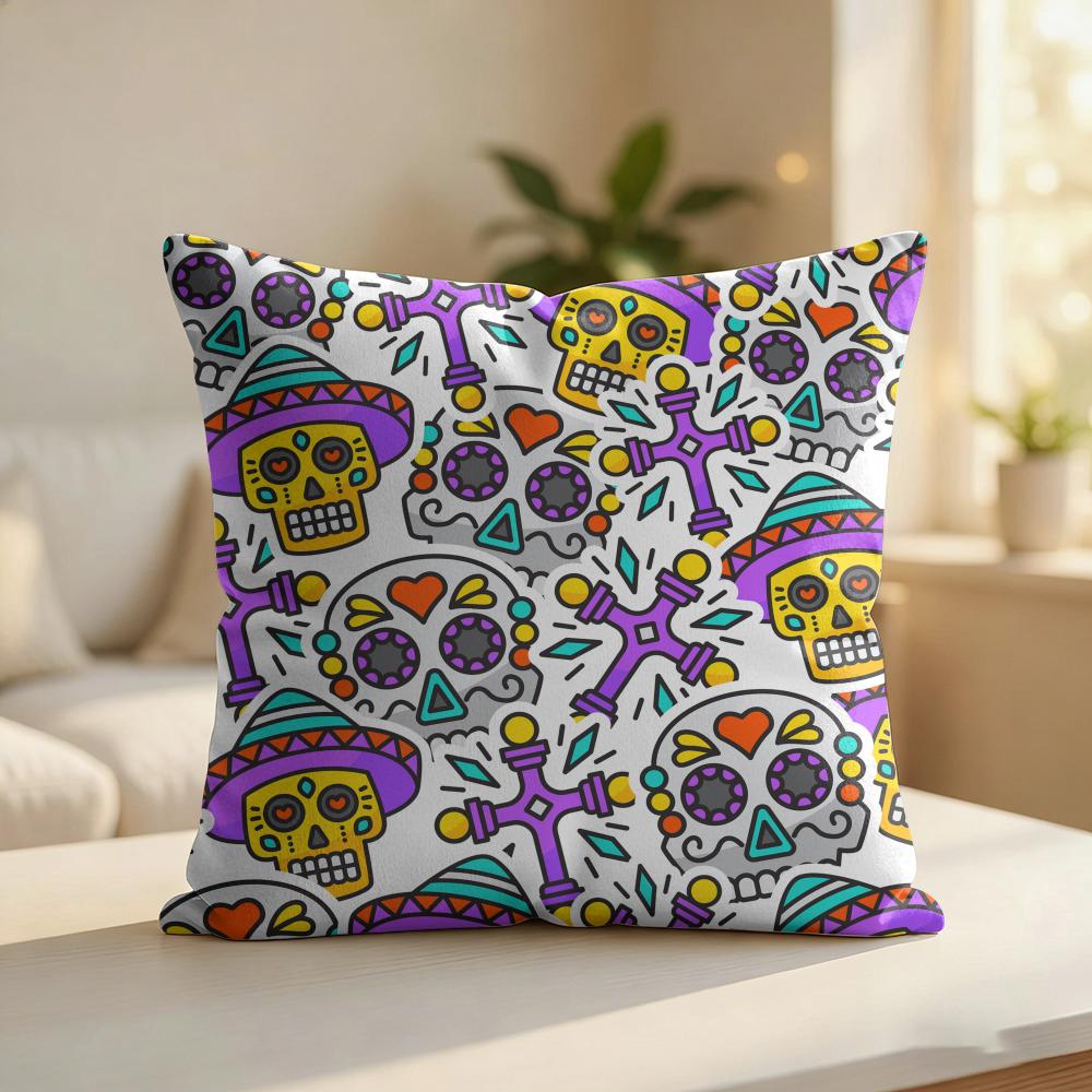 Day Of The Dead Pattern Cushion Cover Silky Short Plush Invisible Zipper Dustproof Sofa Pillow Case For Home Decor