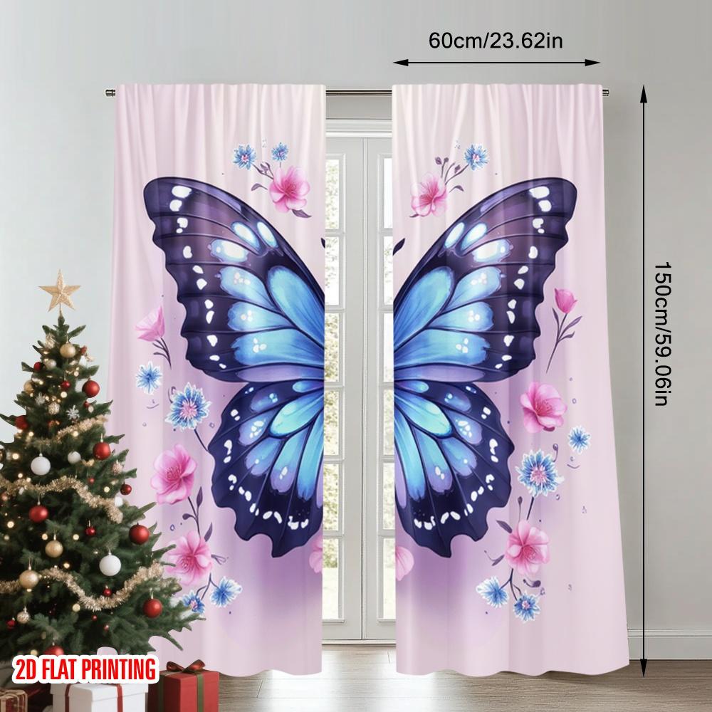 Set Of 2 Flat Printing Party Curtains Sparkle Butterfly Flower Floral Digital Printed Polyester Drapes Festive Wall Decor Curtain