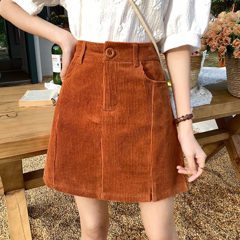 Women's Corduroy High-Waist A-line Skirt, Slimming Fit, Plus Size, Coffee Color, Short, Petite - Spring/Autumn 2024