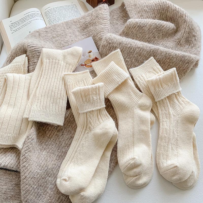 Women's Beige Thickened Winter Mid-Calf Scrunched Socks - Warm, Cold-Resistant, Wide-Mouth, Japanese Style, Long Postpartum Socks
