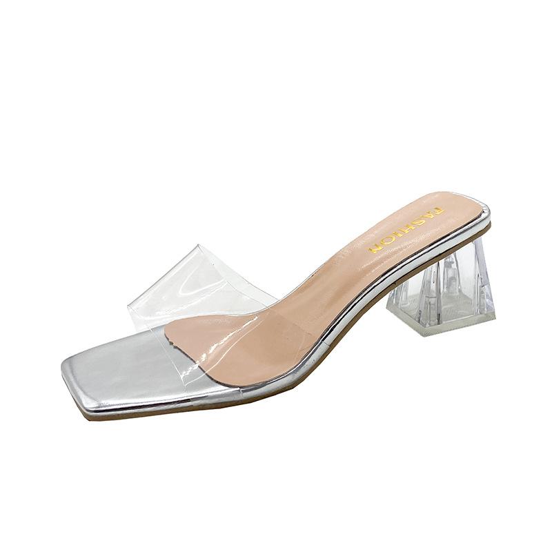 Transparent crystal slippers women's outer wear summer new thick high heel square toe cool slippers women's summer outer wear summer