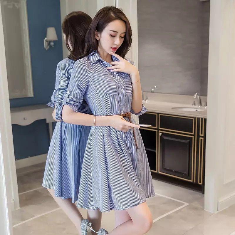 Women s Korean-Style Patchwork Button A-Line Dress Blue  White Striped Slim-Fit Casual Dress S