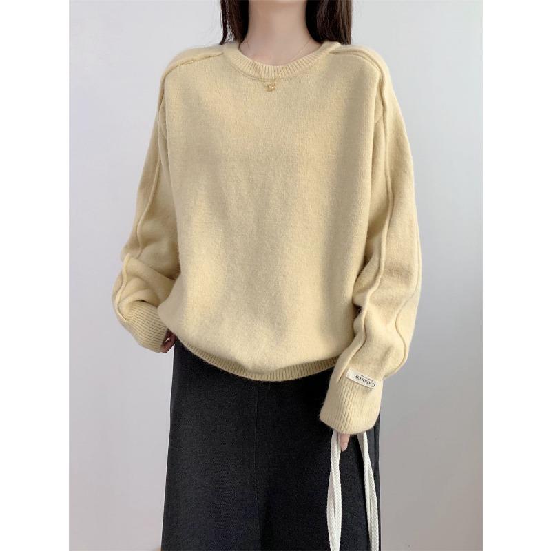 Retro round neck solid color versatile pullover sweater women's autumn and winter new loose and thin knitted sweater top
