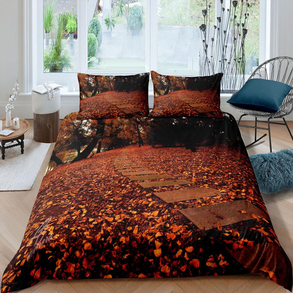 Comforter Autumn Fallen Leaves Red Maple Leaf Nature Bedding Set Sunshine Tree Woods Natural King