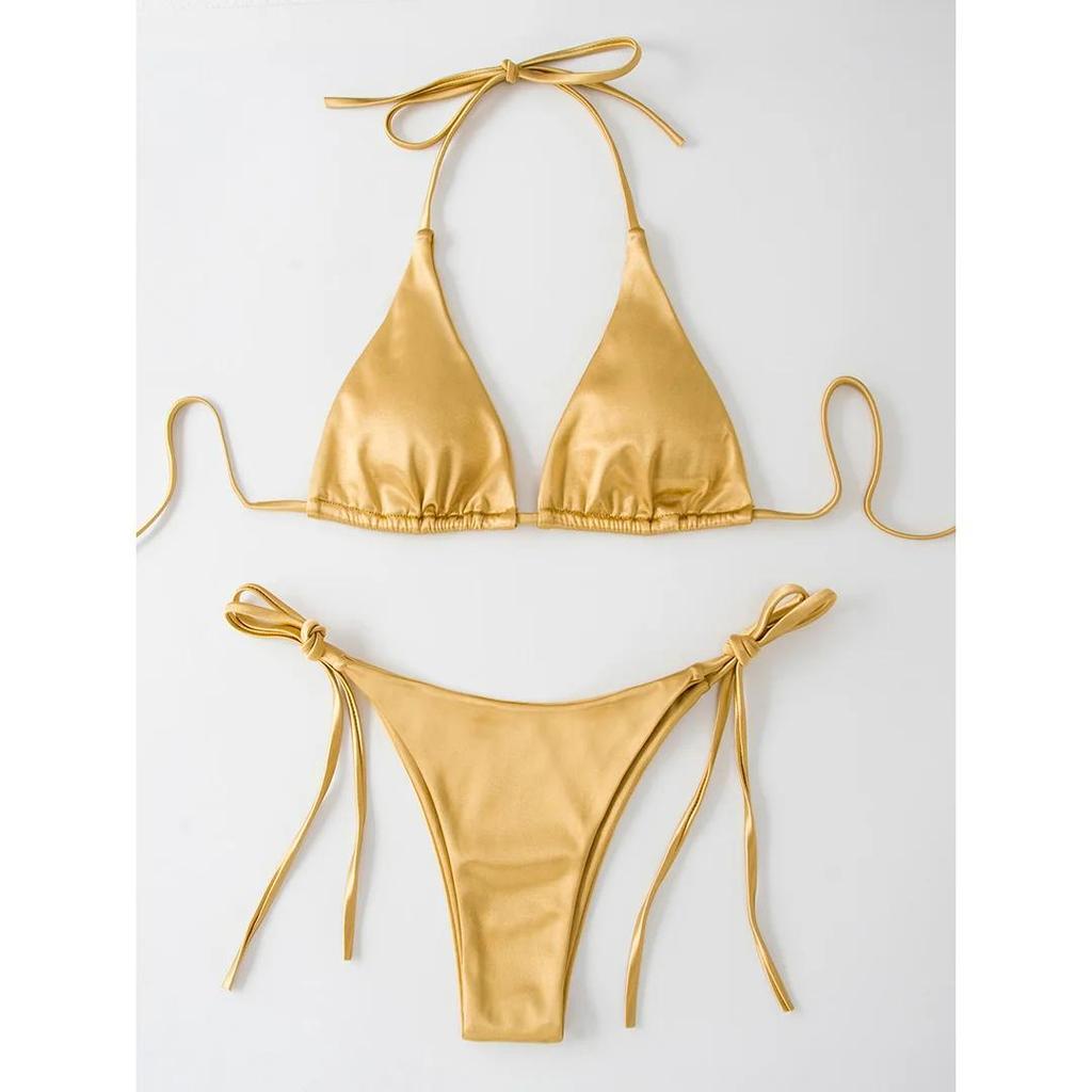 Sexy 13 Colors Halter Satin Brazilian Bikini Women Swimwear Female Swimsuit Two-pieces Bikini set Bather Bathing Suit Swim