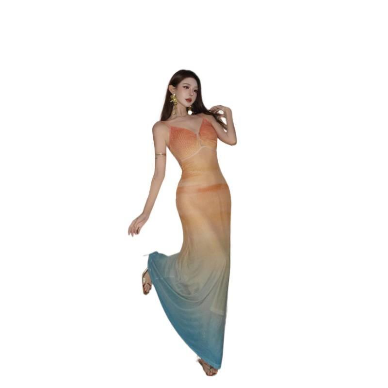 Vietnamese Sexy Babes Summer Wear Seaside Vacation Mesh Printing Suspender Dress Hip Skirt