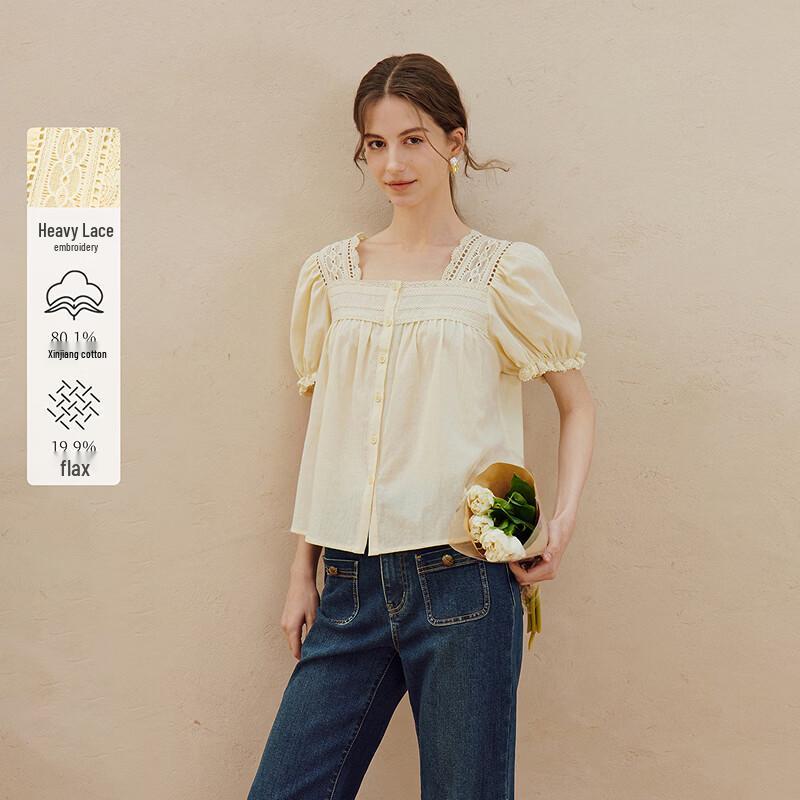 INMAN Льняно-хлопковая рубашка с квадратным вырезом и пышными рукавами, вышитая французским кружевом M