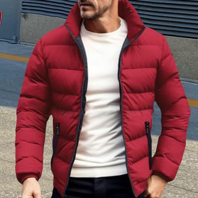 Men Down Coat Stand Collar Long Sleeve Full Zipper Closure Solid Color Jacket Coat with Side Zipper Pockets Outdoor Leisure Quilted Outwear