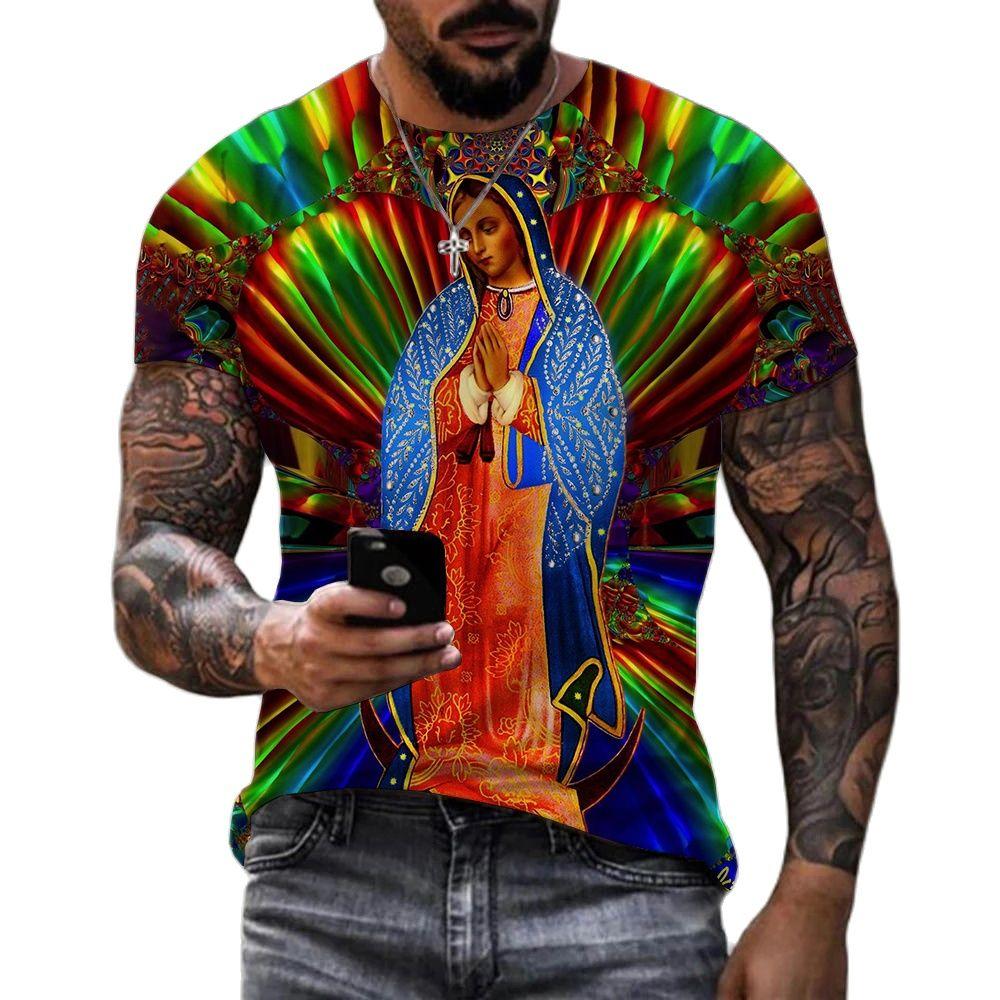 Summer Round Neck 3D Guadalupe Virgin Mary Catholic Print Top Fashionable Casual Short Sleeved Men's T-shirts