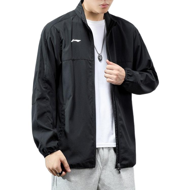 Li Ning Solid Color Stand Collar Zipper Brand Logo Embroidered Loose Long Sleeve Jacket Men jackets Black AJDR475-3