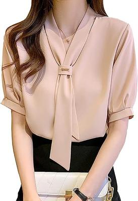 Krawatte Bluse Kurzarmhemd Bluse Büro Oberteil Chiffon Schleife Elegant Plissee Spleißen Slim Fit Mode Niedlich Business Puffärmel Schleife Oberteil Pendeln