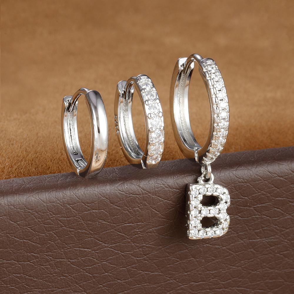 3pcs Silver Color Stainless Steel 26 Letters Hoop Earrings Set For Women A-Z Crystal Zircon Geometric Earrings Wedding Jewelry