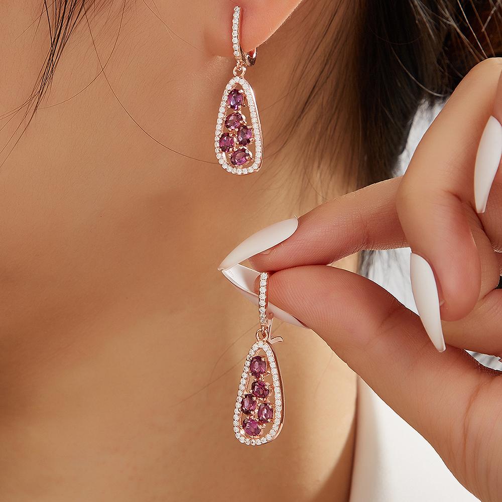 Bijuterii fine argint S925 cercei superbi cu granat rodolit natural, eleganți, de lux, pentru aniversarea doamnei și cadou de ziua de naștere