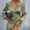 Summer Satin Dress European and American Women Summer V-neck Satin Dress Satin Waist Hugging Low Cut Midi dress