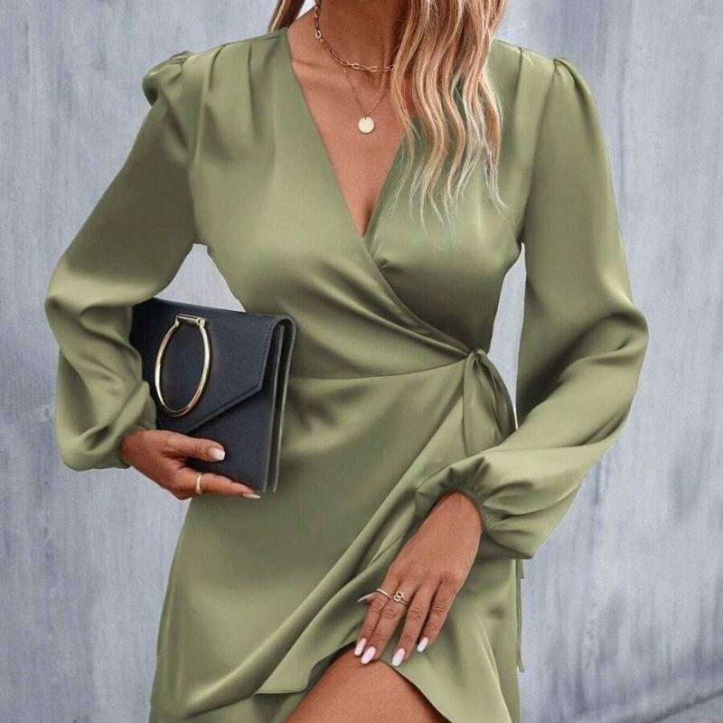 Summer Satin Dress European and American Women Summer V-neck Satin Dress Satin Waist Hugging Low Cut Midi dress