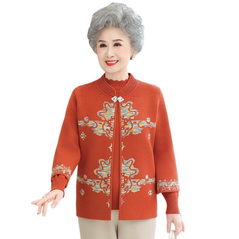 Middle-aged and Elderly Spring and Autumn New Knitted Sweater Mother Two-piece Set Red Festive Top Mother-in-law and Grandmother Set