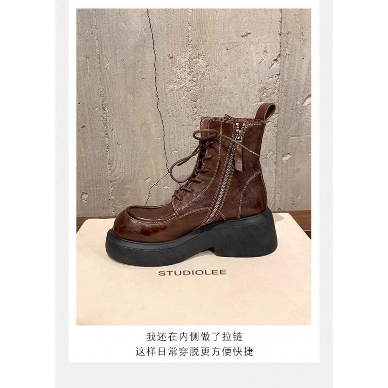 Cowhide new round head thick heel locomotive short boots heightened thick sole lace-up side zipper Martin boots women