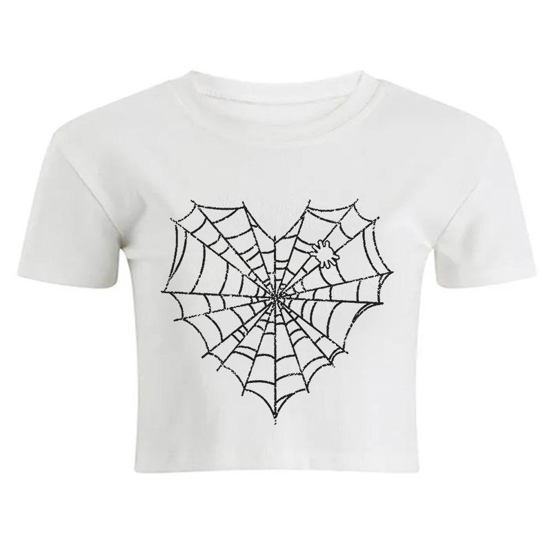 European, American English slogans Printed sexy exposed navel short T-shirt fashionable round neck slim slim top women's multi-picture