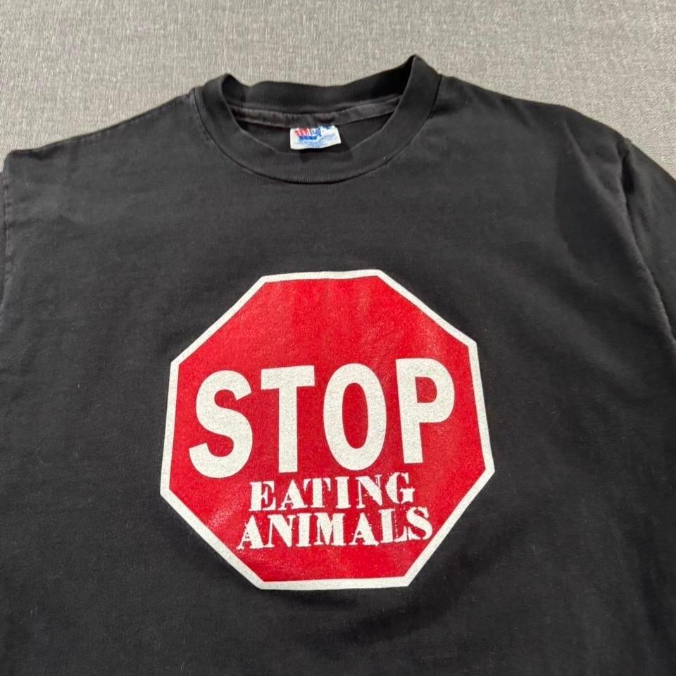 Vintage 90s Vegetarian Stop Eating Animals Vegan Black Mens Large Unisex T-Shirt L