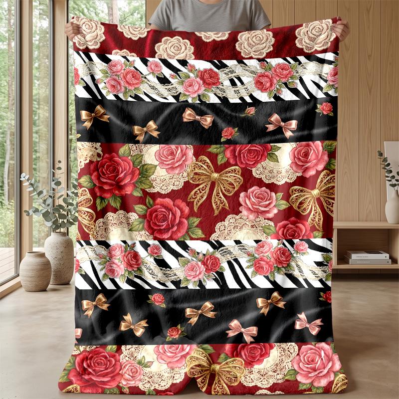 Floral and Bow Composition Theme Blanket Lightweight Warm Flannel Blanket Decorative Throw Blanket for Home Decoration