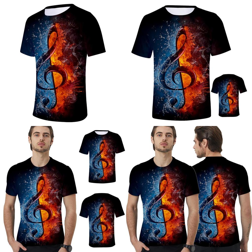 Stylish Mens Ice Fire Music Note 3d Printed Short-sleeved O-neck Casual Tee