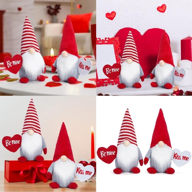 Sweet Love Heart Gnomes Elf Plush Dolls with Striped Hat Stuffed Dwarf Figurine Ornament for Couples Valentines Gift