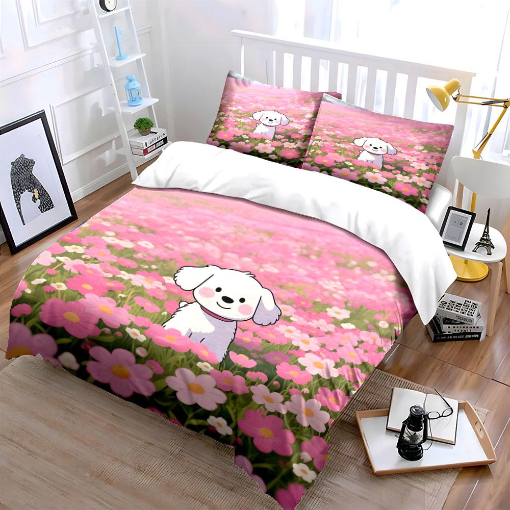 "Adorable Puppy In Flower Meadow" Exquisite Three-piece Bedding Set Gift for Kids and Adults
