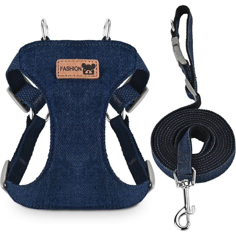 

Adjustable Dog Harness Lead Leash Set Denim Mesh Escape Proof Pet Vest Harness Vest Style Breathable Dog Chest Harness Dog S синій