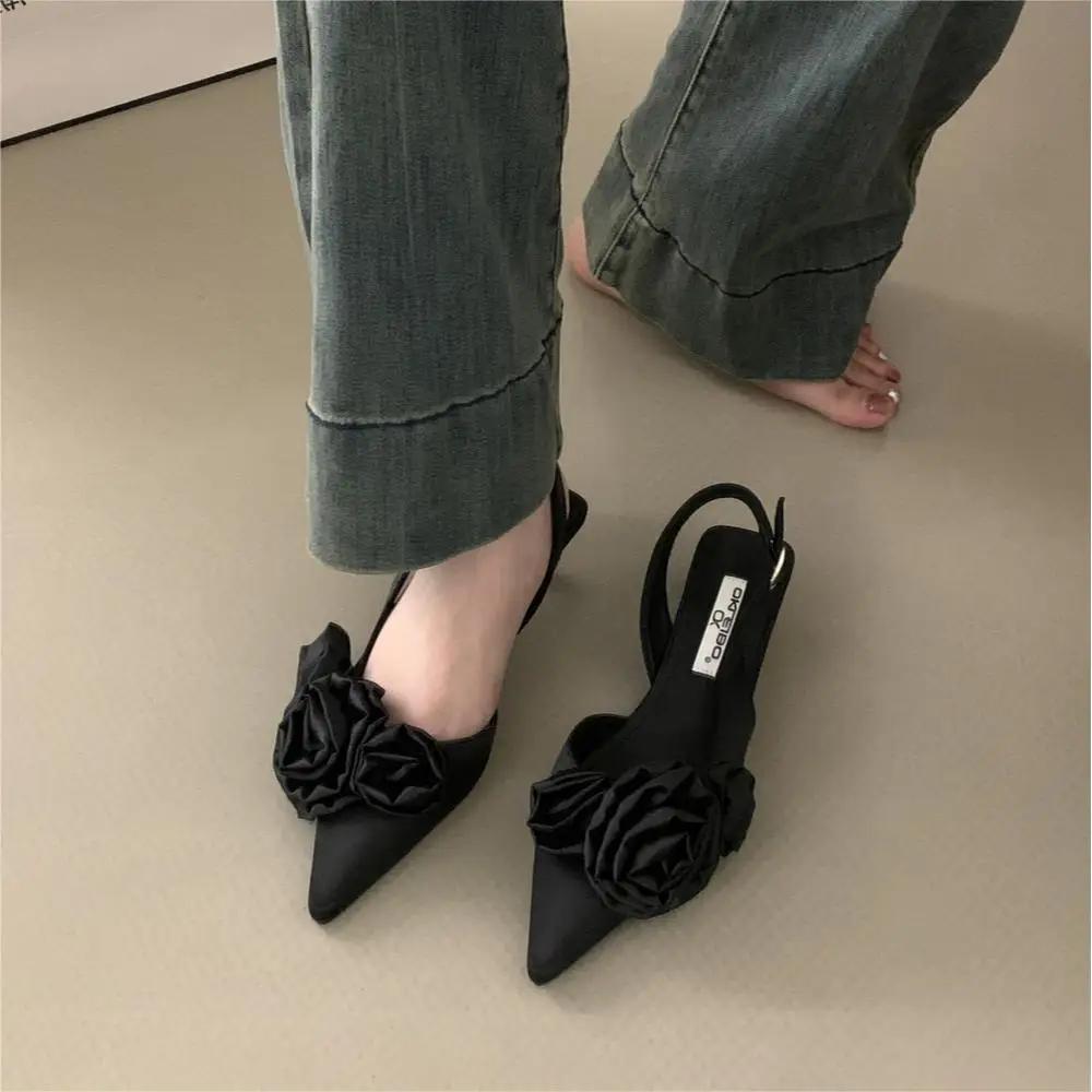 Designer Woman Shoes Pointed Toe Flower Sexy Women Shoes Sandals Dress Slippers Mules Shoes Spring New Flip Flops French Female