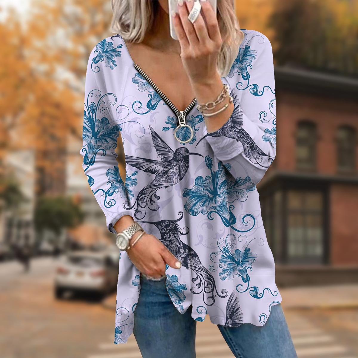 

Женские футболки с длинным рукавом и принтом колибри на осень, свободные футболки с V-образным вырезом и большим размером, удобные блузки 8XL светло-синий