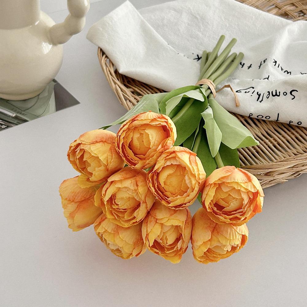 9pcs Real Touch Silk Tulip Flower Burnt Edge Fake Flowers Artificial Tulip Bouquet  Birthday Decor