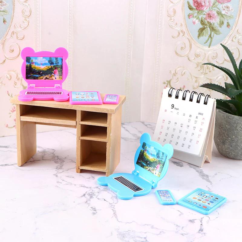 3pc/Set 1:12 Dollhouse Miniature Folding Laptop Model Computer Tablet Phone Set Doll House Office Scene Home Decor Toy