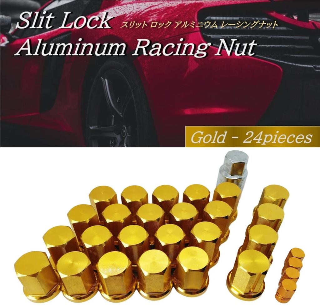 Esumichiko Slit Lock Racing Nut Aluminum Air Valve Cap Included, Lightweight, Anti-theft (Gold, P1.25-24 Pieces, 6 Holes)