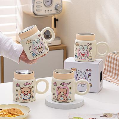 Mirror Covered Ceramic Cup with Lid Spoon Cartoon Mug Girl Cute Household Large Capacity Drinking Cup