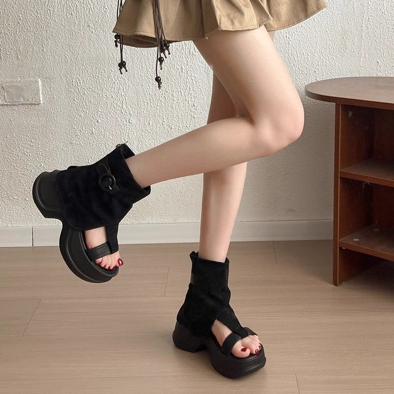 Retro thick-soled heightening trouser boots women's cool boots summer fashion casual herringbone sandals open-toed sandals short boots
