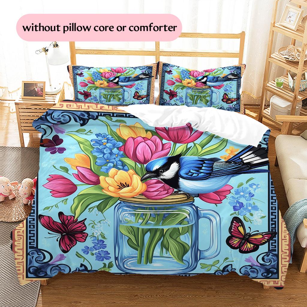Blue Bird  Pattern Bedding Quilt Set  Home Decoration  Gift (1 * duvet cover + 2 * pillowcase, without core)
