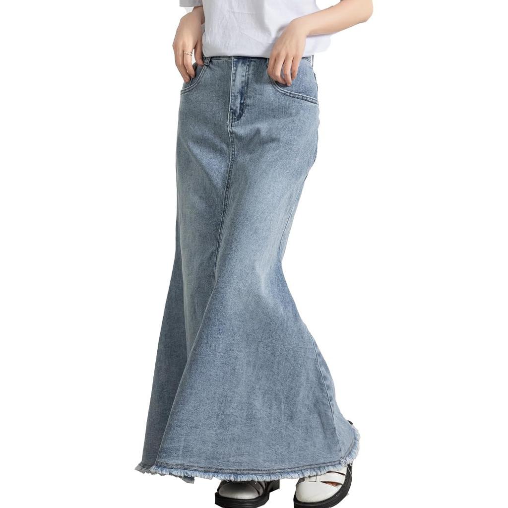 DAYCLOSET Long Denim Mermaid Fringed skirt007 Light Women's Skirt, Lightweight, High-Waisted, Hem, Spring, Summer, Fall, (XL, Blue)