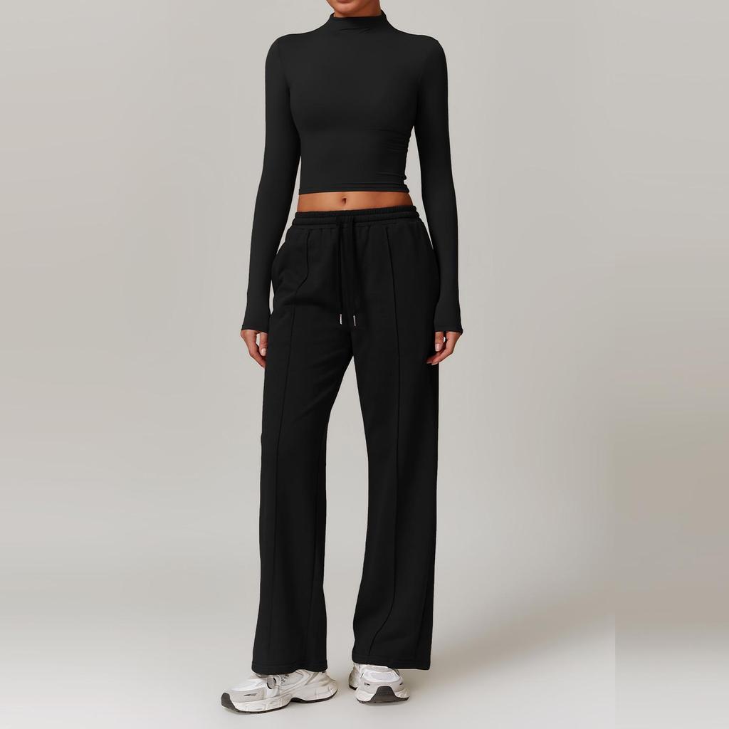 Zechuang Women's High Waist Slim Fit Wide Leg Sports Sweater Suit - Comfortable Long Sleeve Running Set