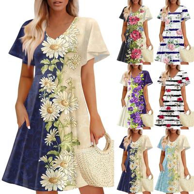 Women Summer Dress Casual Swing Floral Ruffle Short Sleeve Sundresses Beach  A-line  Dress  With Pockets