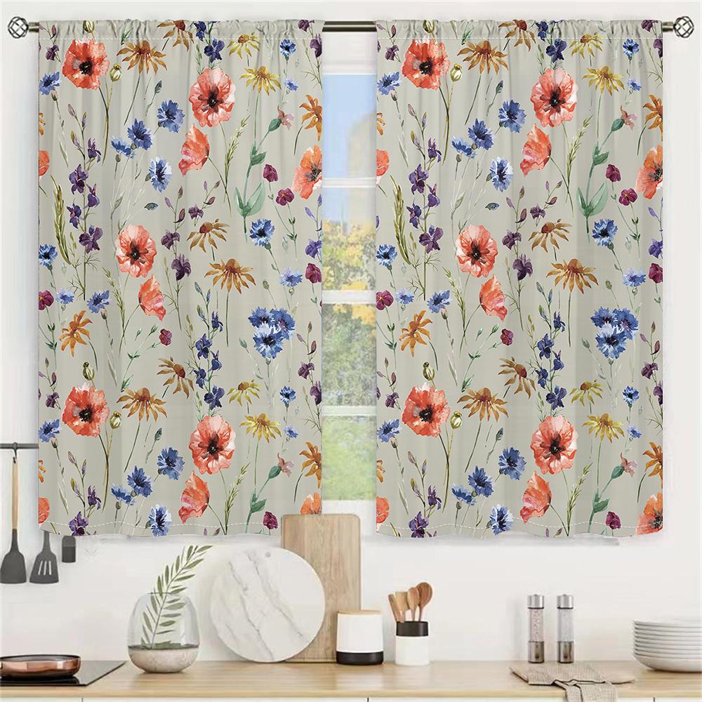 2Pcs Painted Wildflower Curtains Spring Floral Pattern Living Room Bedroom Kids Room Sunshade Country Style Decor Curtains