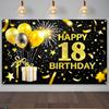 IVN Happy 18th Birthday Backdrop Banner 71x43 Inch Black and Gold Eighteenth Birthday Party Decorations Photography Back