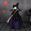 Halloween Witch Doll with Broom Small Witch Figurine with Gauze Skirt Spooky