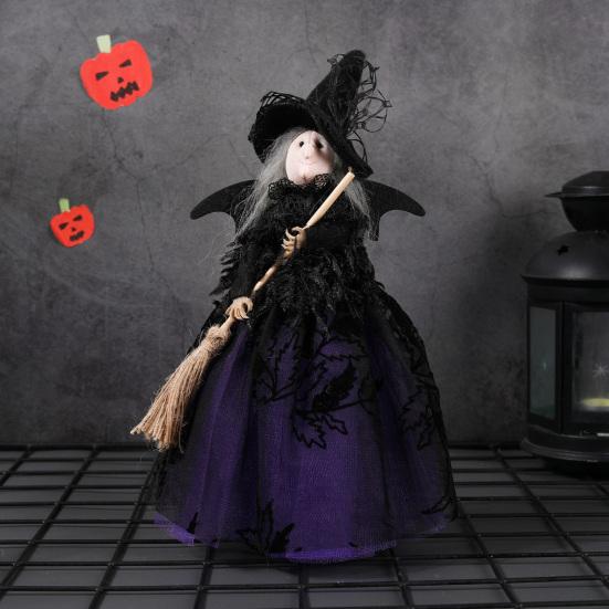Halloween Witch Doll with Broom Small Witch Figurine with Gauze Skirt Spooky Table Centerpiece for Home Bedroom Desktop Decor