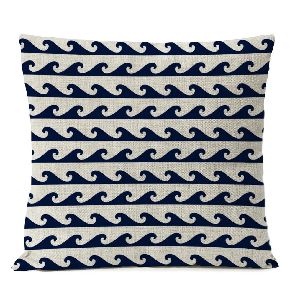 Home Decorative Navigation Blue Compass Anchor Pillow Cover Nautical Shell Fish Linen Pillow Case Mediterranean Cushion Cover