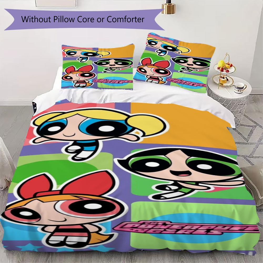 Cartoon Powerpuff Girls print children's duvet cover set, soft and skin-friendly, available in multiple sizes, bedroom bedding.