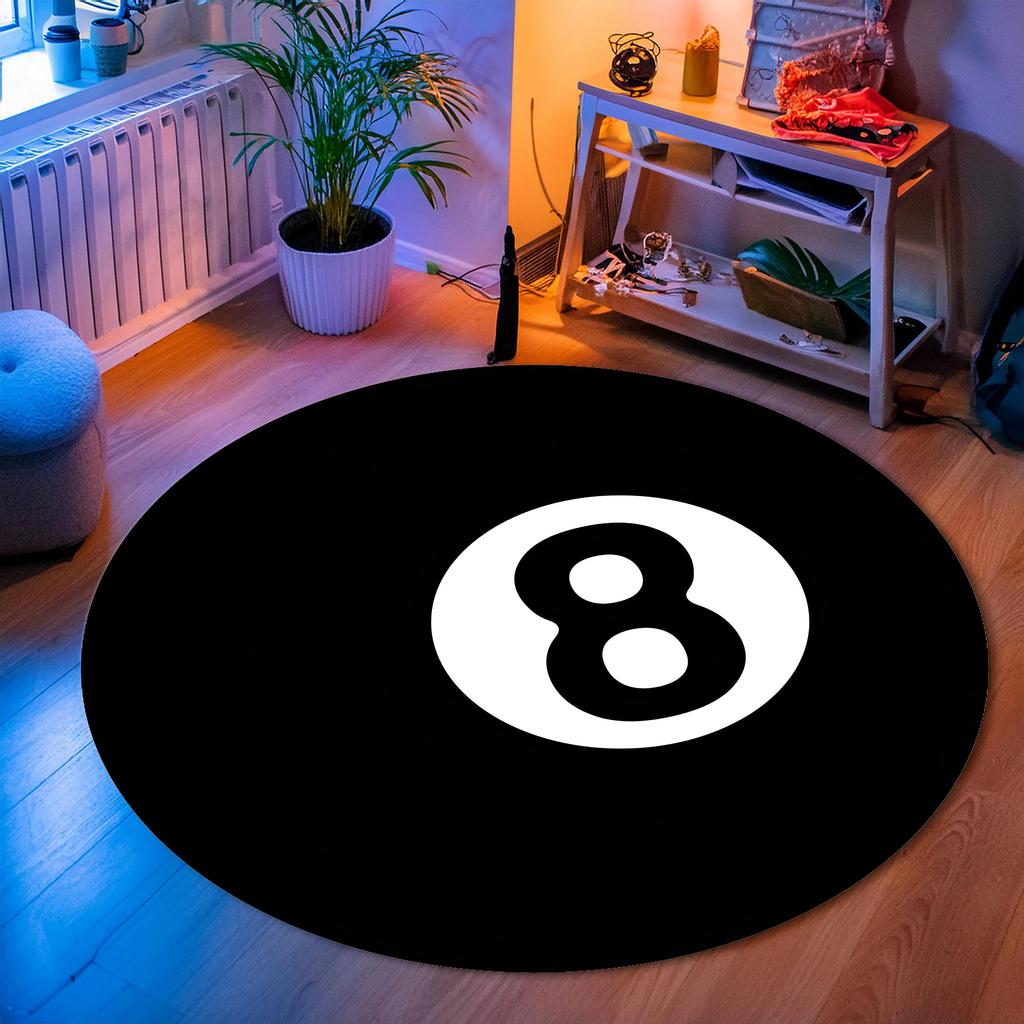 1 Stück Glücksbringer 8-Ball-Muster Runder Teppich, Rutschfeste Fußmatte für Wohnzimmer, Schlafzimmer, Badezimmer, Ferienhaus-Dekoration